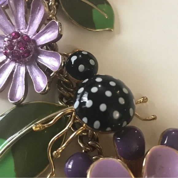 Betsey Johnson Secret Garden Party Flower Leaf Bugs Charm Necklace. - Picture 3 of 10